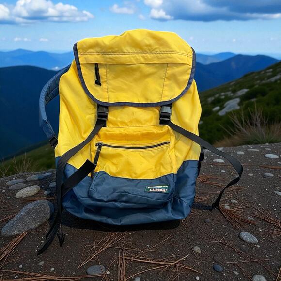 LL Bean 90s Continental Backpack Rucksack Yellow Blue Hiking Camping Vintage - Picture 14 of 14